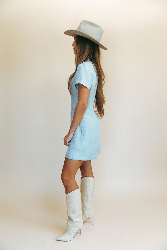 West shirt dress in Hazy Blue, side view showing the fitted waist and mini length