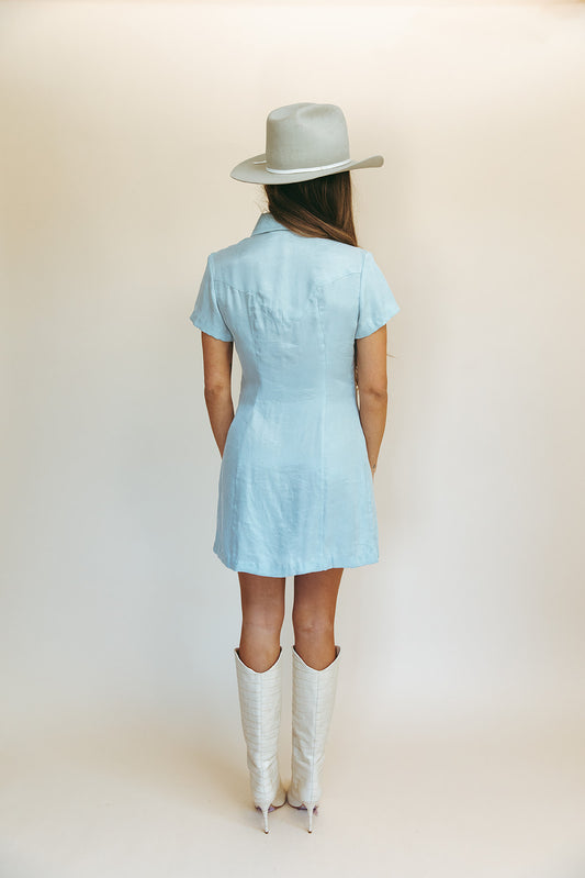 West shirt dress in Hazy Blue, back view showing the short sleeves and fitted shape