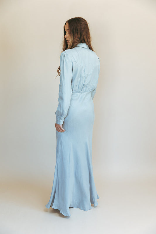 Dahlia maxi dress in Hazy Blue, studio back view showing the Western yoke