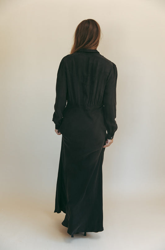 Dahlia maxi dress in Washed Black, studio back view showing the full-length skirt