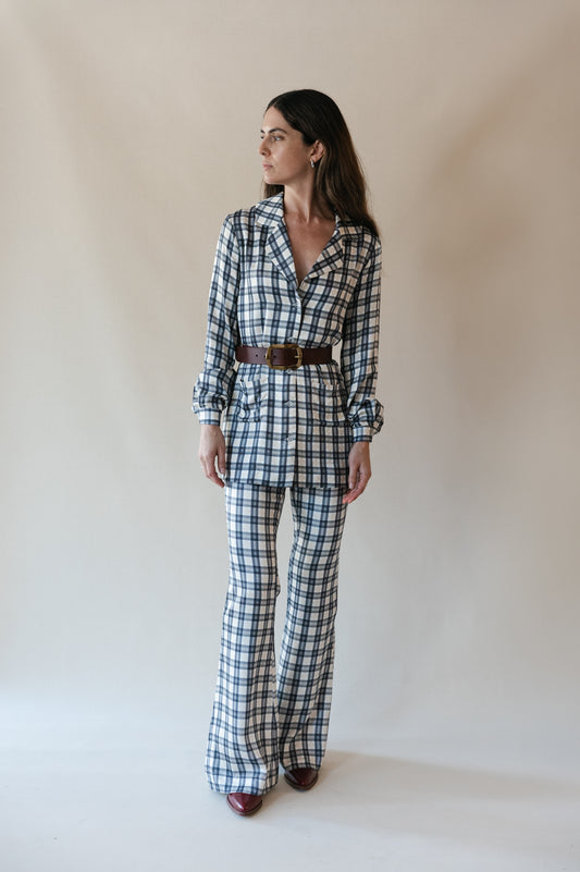 Bobbi blouse in Retro Plaid, studio front view belted, looking to the side