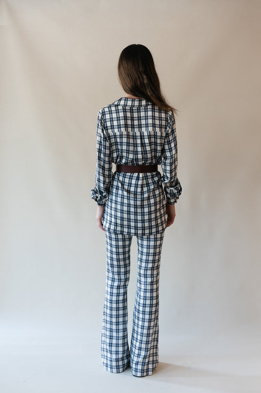 Bobbi blouse and Bridget bell-bottoms in Retro Plaid, back view showing the shoulder yoke